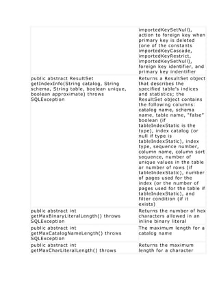 importedKeySetNull),
                                        action to foreign key when
                                        primary key is deleted
                                        (one of the constants
                                        importedKeyCascade,
                                        importedKeyRestrict,
                                        importedKeySetNull),
                                        foreign key identifier, and
                                        primary key indentifier
public abstract ResultSet               Returns a ResultSet object
getIndexInfo(String catalog, String     that describes the
schema, String table, boolean unique,   specified table’s indices
boolean approximate) throws             and statistics; the
SQLException                            ResultSet object contains
                                        the following columns:
                                        catalog name, schema
                                        name, table name, “false”
                                        boolean (if
                                        tableIndexStatic is the
                                        type), index catalog (or
                                        null if type is
                                        tableIndexStatic), index
                                        type, sequence number,
                                        column name, column sort
                                        sequence, number of
                                        unique values in the table
                                        or number of rows (if
                                        tableIndexStatic), number
                                        of pages used for the
                                        index (or the number of
                                        pages used for the table if
                                        tableIndexStatic), and
                                        filter condition (if it
                                        exists)
public abstract int                     Returns the number of hex
getMaxBinaryLiteralLength() throws      characters allowed in an
SQLException                            inline binary literal
public abstract int                     The maximum length for a
getMaxCatalogNameLength() throws        catalog name
SQLException
public abstract int                     Returns the maximum
getMaxCharLiteralLength() throws        length for a character
 