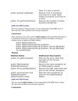 false if it was a column
public boolean getRead()                     Returns true if truncation
                                             occurred on a read; false
                                             means truncation occurred on
                                             a write
public int getTransferSize()                 Returns the number of bytes
                                             actually transferred
public class SQLException
This class extends java.lang.Exception. It is the responsibility of the JDBC driver to
throw this class when a problem occurs during an operation.

Constructors
These constructors are used to create an SQLException with the specified information. It
is normally not necessary to create an exception unless the developer is working on
creating a driver or higher level JDBC interface:
       public SQLException()
       public SQLException(String problem)
       public SQLException(String problem, String SQLState)
       public SQLException(String problem, String SQLState,
       int vendorCode)
Methods
Method Name                                  Additional Description
public int getErrorCode()                    Returns the error code that
                                             was part of the thrown
                                             exception
public SQLException                          Returns the next exception as
getNextException()                           an SQLException object
public String getSQLState()                  Returns the SQL state that was
                                             part of the thrown exception
public synchronized void                     Sets the next exception as
setNextException                             excp for the SQLException
(SQLException excp)                          object
public class SQLWarning
This class extends SQLException. It is the responsibility of the JDBC driver to throw
this class when a problem occurs during an operation.

Constructors
 