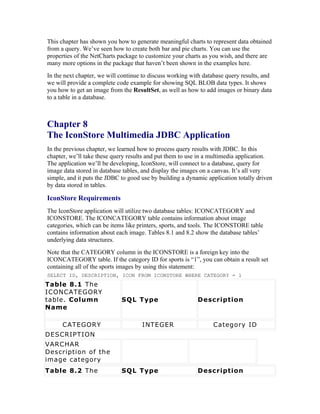This chapter has shown you how to generate meaningful charts to represent data obtained
from a query. We’ve seen how to create both bar and pie charts. You can use the
properties of the NetCharts package to customize your charts as you wish, and there are
many more options in the package that haven’t been shown in the examples here.
In the next chapter, we will continue to discuss working with database query results, and
we will provide a complete code example for showing SQL BLOB data types. It shows
you how to get an image from the ResultSet, as well as how to add images or binary data
to a table in a database.



Chapter 8
The IconStore Multimedia JDBC Application
In the previous chapter, we learned how to process query results with JDBC. In this
chapter, we’ll take these query results and put them to use in a multimedia application.
The application we’ll be developing, IconStore, will connect to a database, query for
image data stored in database tables, and display the images on a canvas. It’s all very
simple, and it puts the JDBC to good use by building a dynamic application totally driven
by data stored in tables.

IconStore Requirements
The IconStore application will utilize two database tables: ICONCATEGORY and
ICONSTORE. The ICONCATEGORY table contains information about image
categories, which can be items like printers, sports, and tools. The ICONSTORE table
contains information about each image. Tables 8.1 and 8.2 show the database tables’
underlying data structures.
Note that the CATEGORY column in the ICONSTORE is a foreign key into the
ICONCATEGORY table. If the category ID for sports is “1”, you can obtain a result set
containing all of the sports images by using this statement:
SELECT ID, DESCRIPTION, ICON FROM ICONSTORE WHERE CATEGORY = 1
Table 8.1 The
ICONCATEGORY
table. Column                SQL Type                      Description
Name

      CATEGORY                       INTEGER                     Category ID
DESCRIPTION
VARCHAR
Description of the
image category
Table 8.2 The                SQL Type                      Description
 