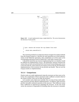 228                                                                       Linear Structures

                                      head
                                                    5


                                                    4


                                                    3



                                                    2


                                                    1


      Figure 10.3 A stack implemented using a singly-linked list. The arrow demonstrates
      the direction of stack growth.




          // post: removes and returns the top element from stack
          {
              return data.removeFirst();
          }

          The remaining methods are simply the obvious wrappers for similar methods
      from the SinglyLinkedList. Because the stack operations are trivial represen-
      tations of the linked-list operations, their complexities are all the same as the
      corresponding operations found in linked lists—each takes constant time.
          It should be noted that any structure implementing the List interface would
      be sufﬁcient for implementing a Stack. The distinction, however, between the
      various lists we have seen presented here has focused on providing quick access
      to the tail of the list. Since stacks do not require access to the tail, the alternative
      implementations of list structure do not provide any beneﬁt. Thus we use the
      SinglyLinkedList implementation.


      10.1.4     Comparisons
      Clearly, stacks are easily implemented using the structures we have seen so far.
      In fact, the complexities of those operations make it difﬁcult to decide which of
      the classes is better. How can we make the decision?
          Let’s consider each a little more carefully. First, in terms of time, both under-
      lying structures provide efﬁcient implementations. In addition, both structures
      provide (virtually) unlimited extension of the structure. Their difference stems
      from a difference in approach for expanding the structure. In the case of the
      vector, the structure is responsible for deciding when the structure is extended.
 