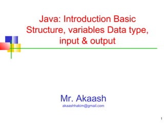 1
Mr. Akaash
akaashhakim@gmail.com
Java: Introduction Basic
Structure, variables Data type,
input & output
 