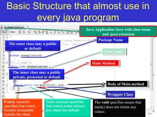 29
Basic Structure that almost use in
every java program
Wrapper Class
Main MethodMain Method
Class NameClass Name
Package Name
Body of Main methodBody of Main method
Java Application Save with class name
and .java extension
Java Application Save with class name
and .java extension
Public keyword
specified that main()
function accessible
outside the class
The void specifies means that
main() does not return any
values
Static keyword specified
that main() exists without
any object be defined
The outer class may a public
or default
The inner class may a public
private, protected or default
 