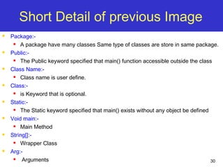 30
Short Detail of previous Image
 Package:-
 A package have many classes Same type of classes are store in same package.
 Public:-
 The Public keyword specified that main() function accessible outside the class
 Class Name:-
 Class name is user define.
 Class:-
 is Keyword that is optional.
 Static:-
 The Static keyword specified that main() exists without any object be defined
 Void main:-
 Main Method
 String[]:-
 Wrapper Class
 Arg:-
 Arguments
 
