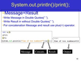 40
System.out.println()/print();
Message+Result
Write Message in Double Quotes(” ”).
Write Result in without Double Quotes(” ”).
For concatenation Message and result use plus(+) operator.
Message Result OutputConcate..
.
 