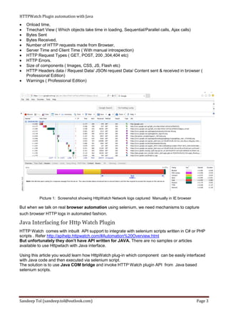 HTTPWatch Plugin automation with Java
Sandeep Tol (sandeep.tol@outlook.com) Page 3
 Onload time,
 Tmechart View ( Which objects take time in loading, Sequential/Parallel calls, Ajax calls)
 Bytes Sent
 Bytes Received,
 Number of HTTP requests made from Browser,
 Server Time and Client Time ( With manual introspection)
 HTTP Request Types ( GET, POST, 200 ,304,404 etc)
 HTTP Errors.
 Size of components ( Images, CSS, JS, Flash etc)
 HTTP Headers data / Request Data/ JSON request Data/ Content sent & received in browser (
Professional Edition)
 Warnings ( Professional Edition)
Picture 1: Screenshot showing HttpWatch Network logs captured Manually in IE browser
But when we talk on real browser automation using selenium, we need mechanisms to capture
such browser HTTP logs in automated fashion.
Java Interfacing for Http Watch Plugin
HTTP Watch comes with inbuilt API support to integrate with selenium scripts written in C# or PHP
scripts . Refer http://apihelp.httpwatch.com/#Automation%20Overview.html
But unfortunately they don’t have API written for JAVA. There are no samples or articles
available to use Httpwtach with Java interface.
Using this article you would learn how HttpWatch plug-in which component can be easily interfaced
with Java code and then executed via selenium script.
The solution is to use Java COM bridge and invoke HTTP Watch plugin API from Java based
selenium scripts.
 
