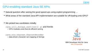 GPU-enabling standard Java SE APIs 
 Natural question after seeing the good speed-ups using explicit programming … 
 What areas of the standard Java API implementation are suitable for off-loading onto GPU? 
 We picked two candidates initially: 
java.util.Arrays.sort(int[] a) and friends 
– GPU modules exist that do efficient sorting 
java.nio.charset.CharsetEncoder 
– data-driven character set mapping of Strings 
IBM Developer Kits for Java 
ibm.com/java/jdk 
© 2014 19 IBM Corporation 
 