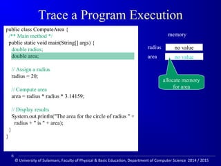 Trace a Program Execution 
public class ComputeArea { 
/** Main method */ 
public static void main(String[] args) { 
double radius; 
double area; 
// Assign a radius 
radius = 20; 
// Compute area 
area = radius * radius * 3.14159; 
// Display results 
System.out.println(The area for the circle of radius  + 
radius +  is  + area); 
} 
} 
memory 
radius no value 
area no value 
allocate memory 
for area 
6 
© University of Sulaimani, Faculty of Physical  Basic Education, Department of Computer Science 2014 / 2015 
 