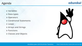 `
https://www.edureka.co/java-j2ee-soa-trainingEDUREKA JAVA CERTIFICATION TRAINING
➢ Variables
➢ Data types
➢ Operators
➢ Conditional Statements
➢ Loops
➢ Arrays and Strings
➢ Functions
➢ Classes and Objects
Agenda
 