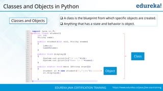 `
https://www.edureka.co/java-j2ee-soa-trainingEDUREKA JAVA CERTIFICATION TRAINING
Classes and Objects in Python
Classes and Objects
 A class is the blueprint from which specific objects are created.
 Anything that has a state and behavior is object.
Class
Object
 