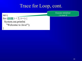 20 
Trace for Loop, cont. 
int i; 
for (i = 0; i  2; i++) { 
System.out.println( 
Welcome to Java!); 
} 
Execute initializer 
i is now 0 
 