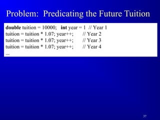 Problem: Predicating the Future Tuition 
double tuition = 10000; int year = 1 // Year 1 
tuition = tuition * 1.07; year++; // Year 2 
tuition = tuition * 1.07; year++; // Year 3 
tuition = tuition * 1.07; year++; // Year 4 
... 
37 
 