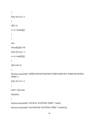 66
{
for(j=0;j<n;j++)
{
if(k!=j)
w=w+mod[i][j];
}
}
else
if(mod[i][k]!=0)
for(j=0;j<k;j++)
w=w+mod[i][j];
}
s[k].wait=w;
}
System.out.println("nPROCESStSTARTING TIMEtSERVICE TIMEtWAITING
TIME");
for(i=0;i<n;i++)
{
total+=s[i].wait;
s[i].put();
}
System.out.println("nTOTAL WAITING TIME:"+total);
System.out.println("nAVERAGE WAITING TIME:"+(total/n));
 
