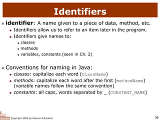 Copyright 2006 by Pearson Education 36
Identifiers
 identifier: A name given to a piece of data, method, etc.
 Identifiers allow us to refer to an item later in the program.
 Identifiers give names to:
 classes
 methods
 variables, constants (seen in Ch. 2)
 Conventions for naming in Java:
 classes: capitalize each word (ClassName)
 methods: capitalize each word after the first (methodName)
(variable names follow the same convention)
 constants: all caps, words separated by _ (CONSTANT_NAME)
 
