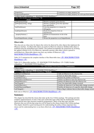 Java Unleashed                                                                            Page 187

 Properties( )                                              Constructs an empty property list.
 Properties(Properties)                                     Constructs an empty property list with specified default.
<TABLE border cellpadding=7> MACROBUTTON HtmlDirect *
 <TH> MACROBUTTON HtmlDirect *M
                   ethods
 getProperty(string)                Returns a property given the key.
 getProperty(string, string)        Returns a property given the specified
                                    key and default.
 list(PrintStream)                  Lists the properties to a stream for
                                    debugging.
 load(InputStream)                  Reads the properties from an
                                    InputStream.
 . propertyNames( )                 Returns an Enumeration of all of the
                                    keys.
 save(OutputStream, string)         Writes the properties to an OutputStream.

Observable
This class acts as a base class for objects that wish to be observed by other objects that implement the
Observer interface. An Observable object can notify its Observers whenever theObservable object is
modified using the notifyObservers() method. This method accomplishes the notification by invoking
the update() method of all of its Observers, optionally passing a data object which is passed to
notifyObservers. Observable objects may have any number of Observers.</P>
MACROBUTTON HtmlDirect </P>
Table 19.12 summarizes the complete interface of the Observable class. </P> MACROBUTTON
HtmlDirect </P>
Table 19.12. Observable interface.</P> MACROBUTTON HtmlDirect </P><TABLE border
cellpadding=7> MACROBUTTON HtmlDirect *
                                       <TH> MACROBUTTON HtmlDirect *Constructors
 Observable( )
<TABLE border cellpadding=7> MACROBUTTON HtmlDirect *
         <TH> MACROBUTTON HtmlDirect *Methods
 addObserver(Observer)                                    Adds an Observer to the observer list.
 clearChanged( )                                          Clears an observable change.
 countObservers( )                                        Returns the number of Observers.
 deleteObserver(Observer)                                 Deletes an Observer from the observer list.
 deleteObservers( )                                       Deletes all Observers from the observer list.
 hasChanged( )                                            True if an observable change occurred.
 notifyObservers( )                                       Notifies all observers if an observable change occurred.
 notifyObservers(Object)                                  Notifies all observers of a specific observable change.
 setChanged( )                                            Sets a flag to indicate that an observable change occurre
Refer also to Observer. </P> MACROBUTTON HtmlDirect </P>

Summary
This chapter has described the classes that make up the Java Utilities package. This package provides
complete implementations of some of the most useful data types (other than the fundamental numeric
types) and the basic data structures needed by programmers. Many of the data types and data
structures that you will develop using Java will be based on the classes found in the Utilities package.
This chapter should be a good starting point for understanding the utility of these important Java
classes and for understanding how to use them effectively. </P> MACROBUTTON HtmlDirect
</P>
 