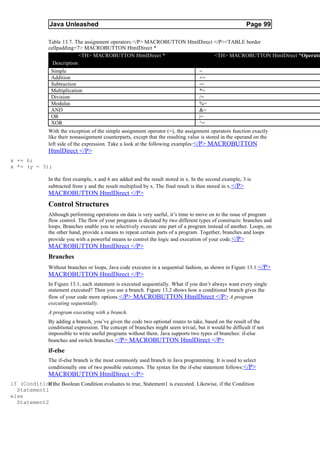 Java Unleashed                                                                             Page 99

               Table 13.7. The assignment operators.</P> MACROBUTTON HtmlDirect </P><TABLE border
               cellpadding=7> MACROBUTTON HtmlDirect *
                             <TH> MACROBUTTON HtmlDirect *                      <TH> MACROBUTTON HtmlDirect *Operato
                 Description
                Simple                                                   =
                Addition                                                 +=
                Subtraction                                              -=
                Multiplication                                           *=
                Division                                                 /=
                Modulus                                                  %=
                AND                                                      &=
                OR                                                       |=
                XOR                                                      ^=
               With the exception of the simple assignment operator (=), the assignment operators function exactly
               like their nonassignment counterparts, except that the resulting value is stored in the operand on the
               left side of the expression. Take a look at the following examples: </P> MACROBUTTON
               HtmlDirect </P>
x += 6;
x *= (y - 3);

               In the first example, x and 6 are added and the result stored in x. In the second example, 3 is
               subtracted from y and the result multiplied by x. The final result is then stored in x.</P>
               MACROBUTTON HtmlDirect </P>
               Control Structures
               Although performing operations on data is very useful, it’s time to move on to the issue of program
               flow control. The flow of your programs is dictated by two different types of constructs: branches and
               loops. Branches enable you to selectively execute one part of a program instead of another. Loops, on
               the other hand, provide a means to repeat certain parts of a program. Together, branches and loops
               provide you with a powerful means to control the logic and execution of your code. </P>
               MACROBUTTON HtmlDirect </P>
               Branches
               Without branches or loops, Java code executes in a sequential fashion, as shown in Figure 13.1.</P>
               MACROBUTTON HtmlDirect </P>
               In Figure 13.1, each statement is executed sequentially. What if you don’t always want every single
               statement executed? Then you use a branch. Figure 13.2 shows how a conditional branch gives the
               flow of your code more options.</P> MACROBUTTON HtmlDirect </P> A program
               executing sequentially.
               A program executing with a branch.
               By adding a branch, you’ve given the code two optional routes to take, based on the result of the
               conditional expression. The concept of branches might seem trivial, but it would be difficult if not
               impossible to write useful programs without them. Java supports two types of branches: if-else
               branches and switch branches. </P> MACROBUTTON HtmlDirect </P>
               if-else
               The if-else branch is the most commonly used branch in Java programming. It is used to select
               conditionally one of two possible outcomes. The syntax for the if-else statement follows:</P>
               MACROBUTTON HtmlDirect </P>
if (Condition) Boolean Condition evaluates to true, Statement1 is executed. Likewise, if the Condition
            If the
  Statement1
else
  Statement2
 