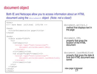 document object
 Both IE and Netscape allow you to access information about an HTML
 document using the document object (Note: not a class!)
 <html>
 <!-- Dave Reed   js13.html   2/01/04 -->              document.write(…)
 <head>                                                 method that displays text in
   <title>Documentation page</title>                    the page
 </head>

 <body>
   <table width="100%">                                document.URL
     <tr>                                               property that gives the
       <td><small><i>                                   location of the HTML
          <script type="text/javascript">               document
              document.write(document.URL);
          </script>
       </i></small></td>
       <td align="right"><small><I>                    document.lastModified
          <script type="text/javascript">               property that gives the date &
              document.write(document.lastModified);    time the HTML document was
          </script>                                     saved
       </i></small></td>
     </tr>
   </table>
 </body>                                               view page in browser
 </html>                                                          23
 
