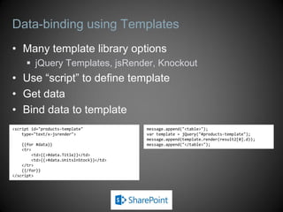 Data-binding using Templates
• Many template library options
 jQuery Templates, jsRender, Knockout
• Use “script” to define template
• Get data
• Bind data to template
<script id="products-template"
type="text/x-jsrender">
{{for #data}}
<tr>
<td>{{>#data.Title}}</td>
<td>{{>#data.UnitsInStock}}</td>
</tr>
{{/for}}
</script>
message.append("<table>");
var template = jQuery("#products-template");
message.append(template.render(result2[0].d));
message.append("</table>");
 