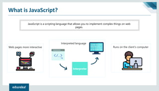 What is JavaScript?
Web pages more interactive
Interpreted language
Interpreter
Runs on the client’s computer
JavaScript is a scripting language that allows you to implement complex things on web
pages.
 