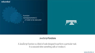 A JavaScript function is a block of code designed to perform a particular task.
It is executed when something calls or invokes it.
JavaScriptFunctions
www.edureka.co
Function
name(parameter) {
// Code to be executed
}
 