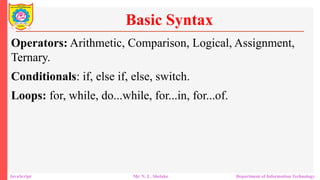 Basic Syntax
Operators: Arithmetic, Comparison, Logical, Assignment,
Ternary.
Conditionals: if, else if, else, switch.
Loops: for, while, do...while, for...in, for...of.
JavaScript Mr. N. L. Shelake Department of Information Technology
 