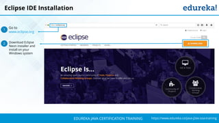 `
https://www.edureka.co/java-j2ee-soa-trainingEDUREKA JAVA CERTIFICATION TRAINING
Go to
www.eclipse.org
Download Eclipse
Neon installer and
install on your
Windows system
1
2
Eclipse IDE Installation
 