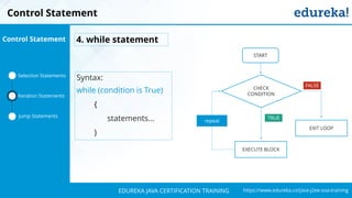 `
https://www.edureka.co/java-j2ee-soa-trainingEDUREKA JAVA CERTIFICATION TRAINING
Control Statement
Selection Statements
Iteration Statements
Jump Statements
Control Statement
Syntax:
while (condition is True)
{
statements…
}
4. while statement
CHECK
CONDITION
EXECUTE BLOCK
START
repeat
EXIT LOOP
FALSE
TRUE
 
