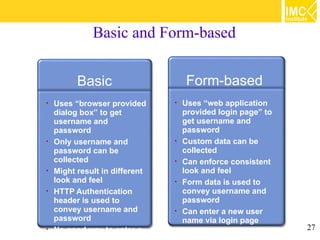 Basic and Form-based
                 Form-based

          Basic                     Form-based
•   Uses “browser provided      •   Uses “web application
    dialog box” to get              provided login page” to
    username and                    get username and
    password                        password
•   Only username and           •   Custom data can be
    password can be                 collected
    collected                   •   Can enforce consistent
•   Might result in different       look and feel
    look and feel               •   Form data is used to
•   HTTP Authentication             convey username and
    header is used to               password
    convey username and         •   Can enter a new user
    password                        name via login page
•   No good way to enter a                                    27
 
