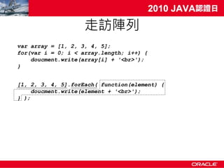 走訪陣列
var array = [1, 2, 3, 4, 5];
for(var i = 0; i < array.length; i++) {
    doucment.write(array[i] + '<br>');
}


[1, 2, 3, 4, 5].forEach( function(element) {
     doucment.write(element + '<br>');
} );
 