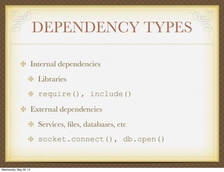 Internal dependencies
Libraries
require(), include()
External dependencies
Services, ﬁles, databases, etc
socket.connect(), db.open()
DEPENDENCY TYPES
Wednesday, May 29, 13
 