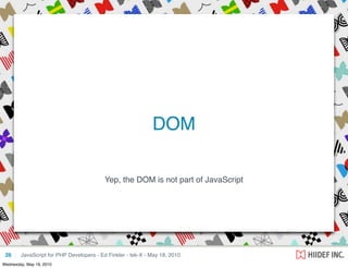 DOM

                                          Yep, the DOM is not part of JavaScript




 26     JavaScript for PHP Developers - Ed Finkler - tek-X - May 18, 2010
Wednesday, May 19, 2010
 