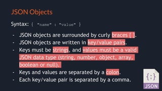 Selling your idea
JSON Objects
Syntax: { "name" : "value" }
- JSON objects are surrounded by curly braces { }.
- JSON objects are written in key/value pairs.
- Keys must be strings, and values must be a valid
JSON data type (string, number, object, array,
boolean or null).
- Keys and values are separated by a colon.
- Each key/value pair is separated by a comma.
 