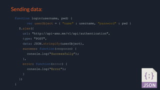 Selling your idea
Sending data:
function login(username, pwd) {
var userObject = { "name" : username, "password" : pwd }
$.ajax({
url: "http://api-ams.me/v1/api/authentication",
type: "POST",
data: JSON.stringify(userObject),
success: function(response) {
console.log(“Successfully”);
},
error: function(error) {
console.log(“Error”);
}
})
}
 