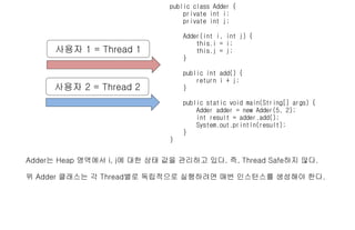 public class Adder { 
private int i; 
private int j; 
Adder(int i, int j) { 
this.i = i; 
this.j = j; 
} 
public int add() { 
return i + j; 
} 
public static void main(String[] args) { 
Adder adder = new Adder(5, 2); 
int result = adder.add(); 
System.out.println(result); 
} 
} 
사용자 1 = Thread 1 
사용자 2 = Thread 2 
Adder는 Heap 영역에서 i, j에 대한 상태 값을 관리하고 있다. 즉, Thread Safe하지 않다. 
위 Adder 클래스는 각 Thread별로 독립적으로 실행하려면 매번 인스턴스를 생성해야 한다. 
 