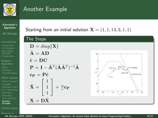 Another Example

 Karmarkar’s
  Algorithm
                   Starting from an initial solution X = (1, 1, 14, 3, 1, 1)
AK Dhamija


Introduction
                   The Steps
Complexity
LP Problem
                      D = diag{X}
Klee-Minty
Example               ˜
                      A = AD
Comparison

Original              ˜
                      c = DC
Algorithm
Steps                         ˜ ˜˜        ˜
                      P = I − AT (AAT )−1 A
Iterations
Transformation
                      cP = P˜
                            c
Aﬃne Variant               
Three Concepts
Example
                            1
                      ˜ = 1 +
                      X                   α
                                          v cP
Concepts 1 & 2
& 3: Centering
Iterations
Rescaling
                            1
Final Solution
Another               X = DX˜
Example

Further Issues

References
   AK Dhamija, DIPR, DRDO      Karmarkar’s Algorithm, An Interior Point Method of Linear Programming Problem   42/44
 