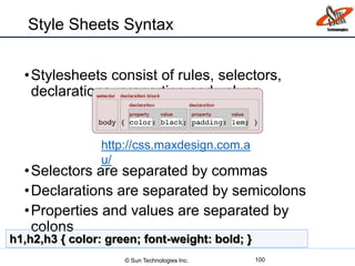 Style Sheets Syntax
•Stylesheets consist of rules, selectors,
declarations, properties and values
•Selectors are separated by commas
•Declarations are separated by semicolons
•Properties and values are separated by
colons
100
h1,h2,h3 { color: green; font-weight: bold; }
http://css.maxdesign.com.a
u/
© Sun Technologies Inc.
 
