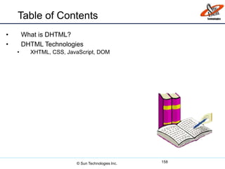 Table of Contents
• What is DHTML?
• DHTML Technologies
• XHTML, CSS, JavaScript, DOM
158© Sun Technologies Inc.
 