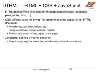 DTHML = HTML + CSS + JavaScript
• HTML defines Web sites content through semantic tags (headings,
paragraphs, lists, …)
• CSS defines 'rules' or 'styles' for presenting every aspect of an HTML
document
• Font (family, size, color, weight, etc.)
• Background (color, image, position, repeat)
• Position and layout (of any object on the page)
• JavaScript defines dynamic behavior
• Programming logic for interaction with the user, to handle events, etc.
163© Sun Technologies Inc.
 