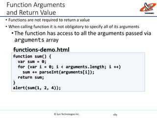 Function Arguments
and Return Value
• Functions are not required to return a value
• When calling function it is not obligatory to specify all of its arguments
•The function has access to all the arguments passed via
arguments array
189
function sum() {
var sum = 0;
for (var i = 0; i < arguments.length; i ++)
sum += parseInt(arguments[i]);
return sum;
}
alert(sum(1, 2, 4));
functions-demo.html
© Sun Technologies Inc.
 