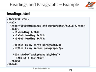 Headings and Paragraphs – Example
19
<!DOCTYPE HTML>
<html>
<head><title>Headings and paragraphs</title></head>
<body>
<h1>Heading 1</h1>
<h2>Sub heading 2</h2>
<h3>Sub heading 3</h3>
<p>This is my first paragraph</p>
<p>This is my second paragraph</p>
<div style="background:skyblue">
This is a div</div>
</body>
</html>
headings.html
© Sun Technologies Inc.
 