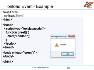 onload Event – Example
• onload event
204
<html>
<head>
<script type="text/javascript">
function greet() {
alert("Loaded.");
}
</script>
</head>
<body onload="greet()" >
</body>
</html>
onload.html
© Sun Technologies Inc.
 