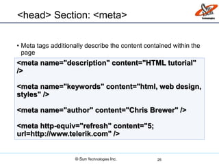 <head> Section: <meta>
• Meta tags additionally describe the content contained within the
page
26
<meta name="description" content="HTML tutorial"
/>
<meta name="keywords" content="html, web design,
styles" />
<meta name="author" content="Chris Brewer" />
<meta http-equiv="refresh" content="5;
url=http://www.telerik.com" />
© Sun Technologies Inc.
 