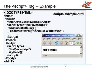 The <script> Tag – Example
28
<!DOCTYPE HTML>
<html>
<head>
<title>JavaScript Example</title>
<script type="text/javascript">
function sayHello() {
document.write("<p>Hello World!</p>");
}
</script>
</head>
<body>
<script type=
"text/javascript">
sayHello();
</script>
</body>
</html>
scripts-example.html
© Sun Technologies Inc.
 