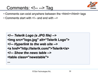 Comments: <!-- --> Tag
• Comments can exist anywhere between the <html></html> tags
• Comments start with <!-- and end with -->
30
<!–- Telerik Logo (a JPG file) -->
<img src="logo.jpg" alt=“Telerik Logo">
<!–- Hyperlink to the web site -->
<a href="http://telerik.com/">Telerik</a>
<!–- Show the news table -->
<table class="newstable">
...
© Sun Technologies Inc.
 