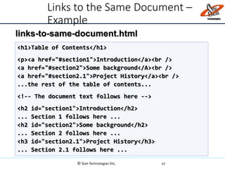 Links to the Same Document –
Example
41
<h1>Table of Contents</h1>
<p><a href="#section1">Introduction</a><br />
<a href="#section2">Some background</A><br />
<a href="#section2.1">Project History</a><br />
...the rest of the table of contents...
<!-- The document text follows here -->
<h2 id="section1">Introduction</h2>
... Section 1 follows here ...
<h2 id="section2">Some background</h2>
... Section 2 follows here ...
<h3 id="section2.1">Project History</h3>
... Section 2.1 follows here ...
links-to-same-document.html
© Sun Technologies Inc.
 