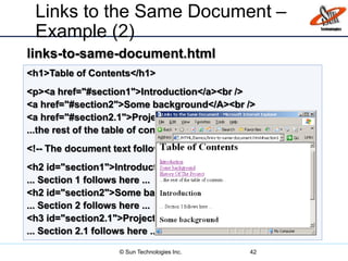 Links to the Same Document –
Example (2)
42
<h1>Table of Contents</h1>
<p><a href="#section1">Introduction</a><br />
<a href="#section2">Some background</A><br />
<a href="#section2.1">Project History</a><br />
...the rest of the table of contents...
<!-- The document text follows here -->
<h2 id="section1">Introduction</h2>
... Section 1 follows here ...
<h2 id="section2">Some background</h2>
... Section 2 follows here ...
<h3 id="section2.1">Project History</h3>
... Section 2.1 follows here ...
links-to-same-document.html
© Sun Technologies Inc.
 