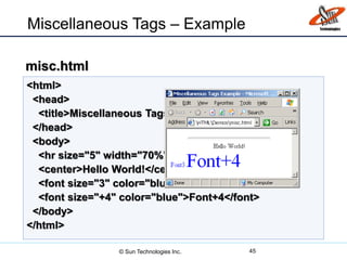 Miscellaneous Tags – Example
45
<html>
<head>
<title>Miscellaneous Tags Example</title>
</head>
<body>
<hr size="5" width="70%" />
<center>Hello World!</center>
<font size="3" color="blue">Font3</font>
<font size="+4" color="blue">Font+4</font>
</body>
</html>
misc.html
© Sun Technologies Inc.
 