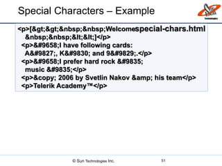 Special Characters – Example
51
<p>[&gt;&gt;&nbsp;&nbsp;Welcome
&nbsp;&nbsp;&lt;&lt;]</p>
<p>&#9658;I have following cards:
A&#9827;, K&#9830; and 9&#9829;.</p>
<p>&#9658;I prefer hard rock &#9835;
music &#9835;</p>
<p>&copy; 2006 by Svetlin Nakov &amp; his team</p>
<p>Telerik Academy™</p>
special-chars.html
© Sun Technologies Inc.
 