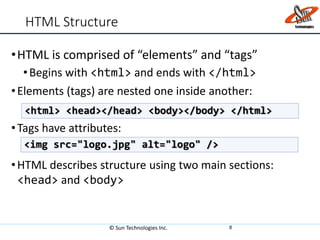 HTML Structure
•HTML is comprised of “elements” and “tags”
•Begins with <html> and ends with </html>
•Elements (tags) are nested one inside another:
•Tags have attributes:
•HTML describes structure using two main sections:
<head> and <body>
8
<html> <head></head> <body></body> </html>
<img src="logo.jpg" alt="logo" />
© Sun Technologies Inc.
 