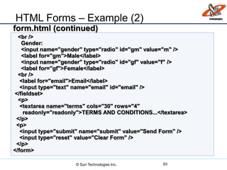 HTML Forms – Example (2)
83
<br />
Gender:
<input name="gender" type="radio" id="gm" value="m" />
<label for="gm">Male</label>
<input name="gender" type="radio" id="gf" value="f" />
<label for="gf">Female</label>
<br />
<label for="email">Email</label>
<input type="text" name="email" id="email" />
</fieldset>
<p>
<textarea name="terms" cols="30" rows="4"
readonly="readonly">TERMS AND CONDITIONS...</textarea>
</p>
<p>
<input type="submit" name="submit" value="Send Form" />
<input type="reset" value="Clear Form" />
</p>
</form>
form.html (continued)
© Sun Technologies Inc.
 