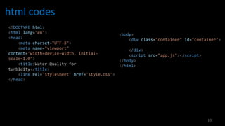 html codes
10
<!DOCTYPE html>
<html lang="en">
<head>
<meta charset="UTF-8">
<meta name="viewport"
content="width=device-width, initial-
scale=1.0">
<title>Water Quality for
turbidity</title>
<link rel="stylesheet" href="style.css">
</head>
<body>
<div class="container" id="container">
</div>
<script src="app.js"></script>
</body>
</html>
 